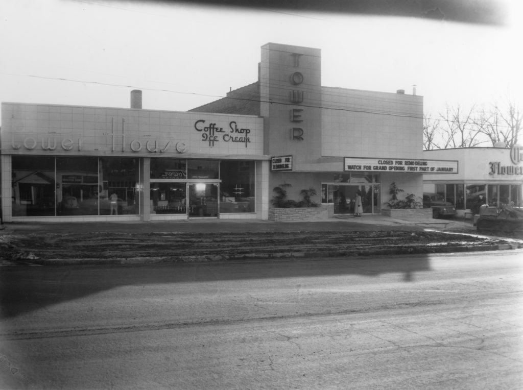old black and white photo of Tower Theater