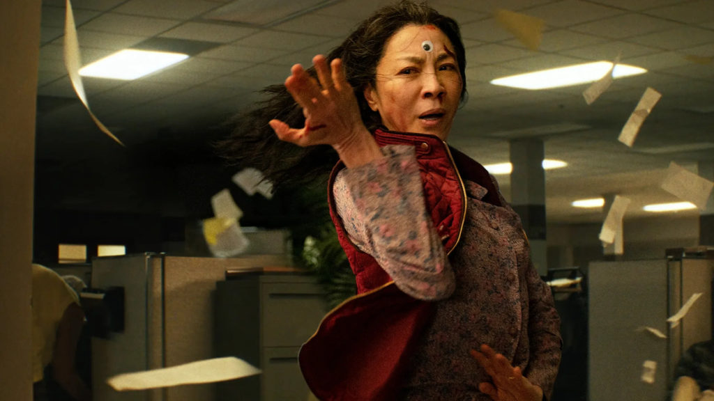 still of Michelle Yeoh striking a pose in the film Everything Everywhere All at Once
