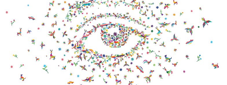 Multi-colored birds and animals come together to make the image of an eye.