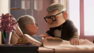 an old man visiting his sick wife in a scene from the film, Up