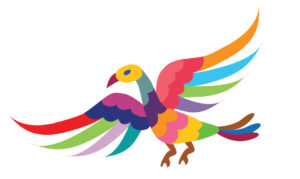 a brightly and multicolored bird that represents the cultural film tour, Filméxico