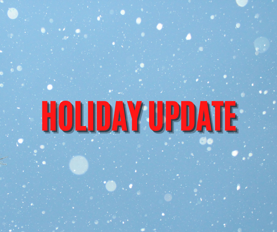 snow falls against a blue background. Red block letters say HOLIDAY UPDATE.