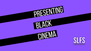 Purple background with Presenting Black Cinema in all caps on three different lines with black bars covering each word